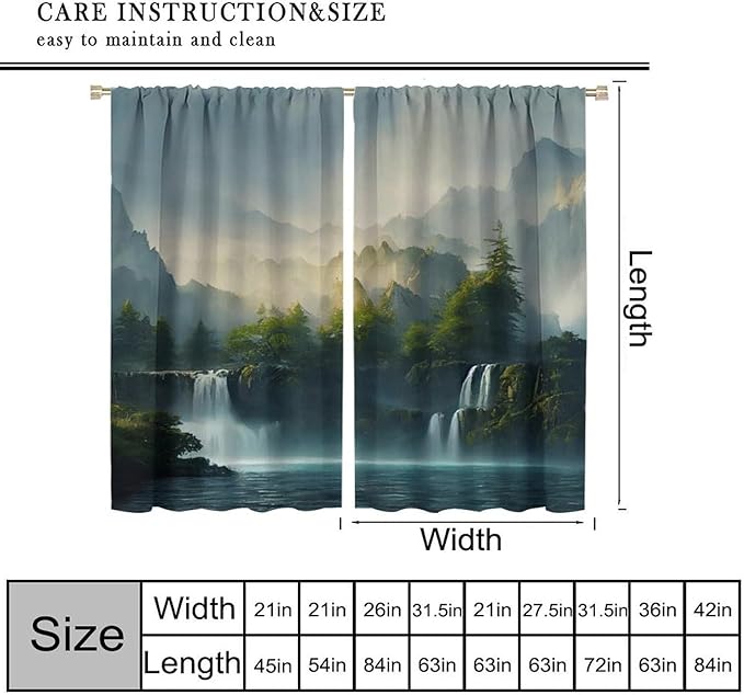 Landscape Theme Waterfall Blackout Curtains, Waterfall Mountains Jungle Printed Natural Scenery Window Drapes, for Bedroom Living Room 63" W X 63" L