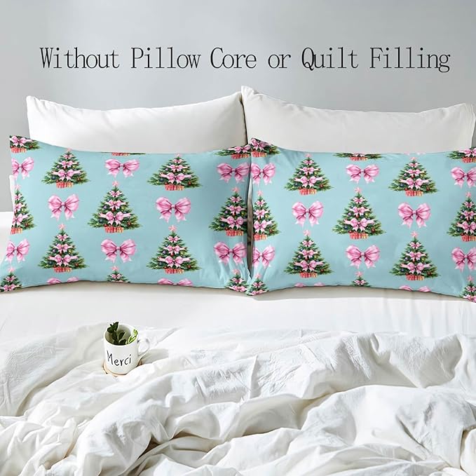 LUVIVIHOME 2PCS Pink Bow Christmas Tree Duvet Cover Twin Bedding Sets, Teen Girl Bedding, Blue Duvet Cover, Winter Holiday Kids Christmas Comforter Cover, Coquette Room Decor Aesthetic, 1 Pillow Case