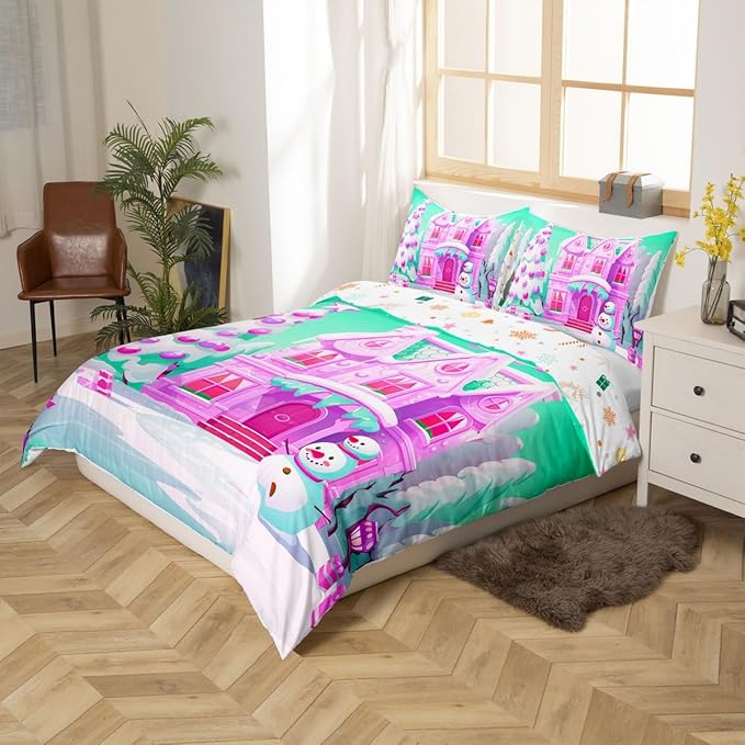 Feelyou Merry Christmas Comforter Cover Set Christmas Tree Snowman Duvet Cover Set for Kids Boys Girls Bedroom Bed Decor Xmas Christmas Purple Bedding Set Twin Size Soft Quilt Cover,No Comforter