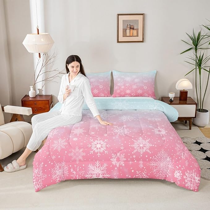 Feelyou Christmas Comforter Set Queen Size Winter Snowflake Bedding Set for Kids Boys Girls Blue Pink Gradient Duvet Quilt Bedroom Decor Microfiber 3 Pcs with 2 Pillow Cases