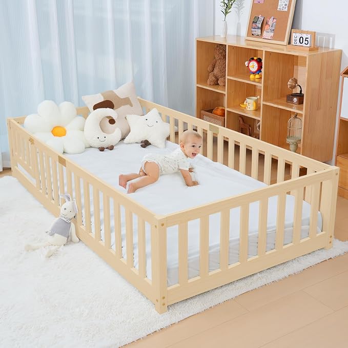 NAIZEA Twin Floor Bed for Kids-Twin Montessori Bed Frame with Wood Slats and Door and Slats, Wood Toddler Floor Beds for Girls and Boys, Natural