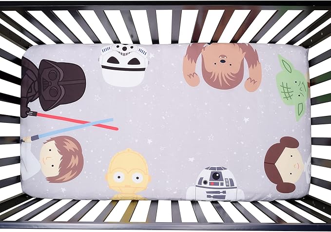 Lambs & Ivy Star Wars Galaxy Cotton Fitted Crib Sheet - Yoda/Darth Vader/R2D2