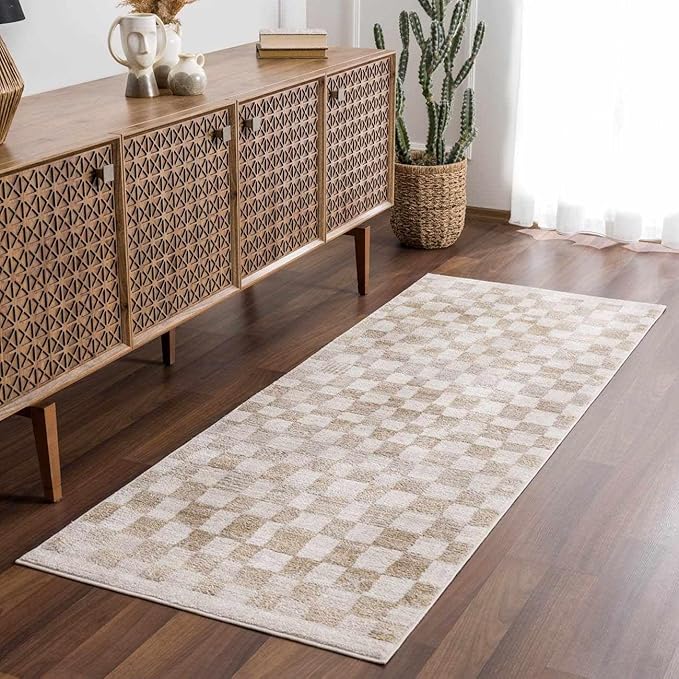 Hauteloom Pertek Modern Checkered Area Rug - Modern Geometric Carpet for Living Room, Kids Room, Nursery - Bohemian Boho Carpet - Cream, Beige, Gold - 6'7" x 9'