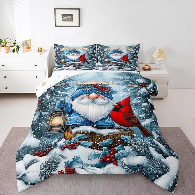 Kawaii Santa Claus Kids Bedding Set King Size,Poinsettia Cardinal Christmas Birds Comforter Set,Holly Berries Winter Snowflake Quilt Comforter,Blue Red Bedroom Duvet Insert,2 Pillowcases