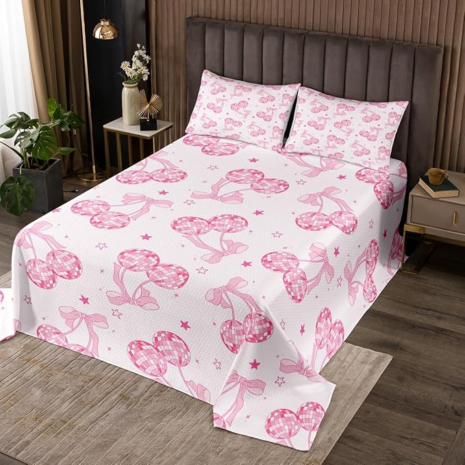Bowknot Princess Kids Bedspread Queen Size,Disco Crystal Ball Western Cowgirl Coverlet Set,Girls Women Room Decor,Starry Sky Bow Tie Romantic Quilted Coverlet,Pink Girly Bedding Quilt,2 Pillowcases