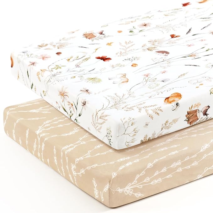 Stretchy Ultra Soft Jersey Knit Fitted Pack n Play Sheets Set 2 Pack, Portable/Mini Crib Sheets for Girls, Universal Fit for Pack N Plays Safe and Snug, Dream Print