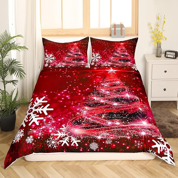 Manfei Red Xmas Tree Duvet Cover Set Twin Size, White Snowflake Print Bedding Set 2pcs for Kids Boys Girls Bedroom Decor, Christmas Theme Comforter Cover with 1 Pillowcase,No Comforter
