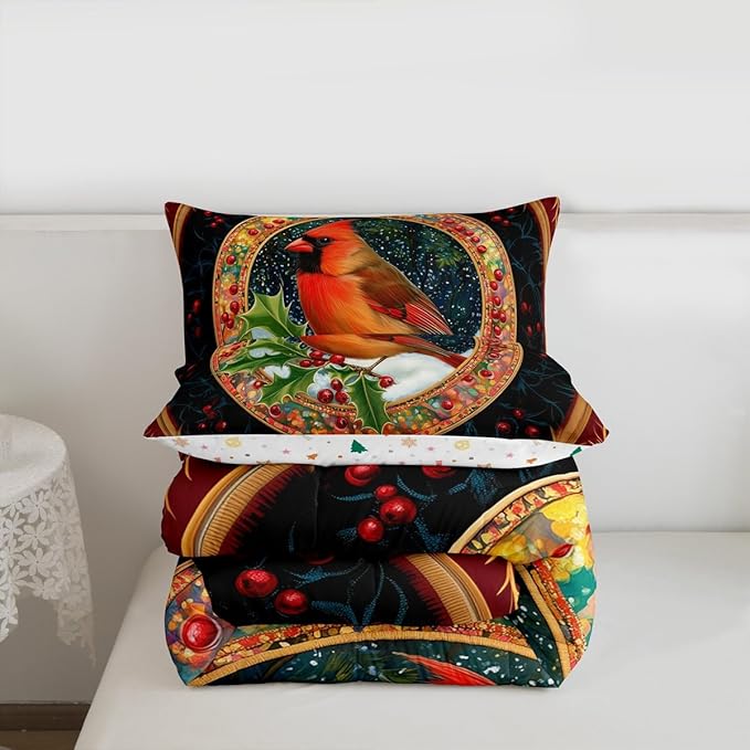 Feelyou Merry Christmas Comforter Set Full Size Robin Bird Bedding Set for Kids Boys Girls Snowflake Duvet Quilt Winter Bedroom Decor Microfiber 3 Pcs with 2 Pillow Cases