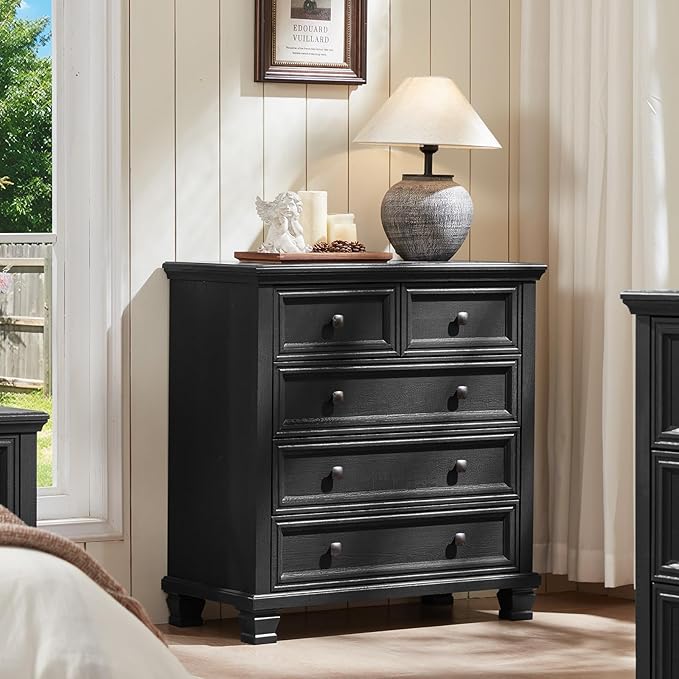 Farmhouse Bedroom Dresser and Nightstand Set of 4, 6 Drawer Tall & 5 Drawers Dresser & 2 Drawer Nightstand Set, Rustic Wood Furniture Set for Bedroom, Hallway, Black