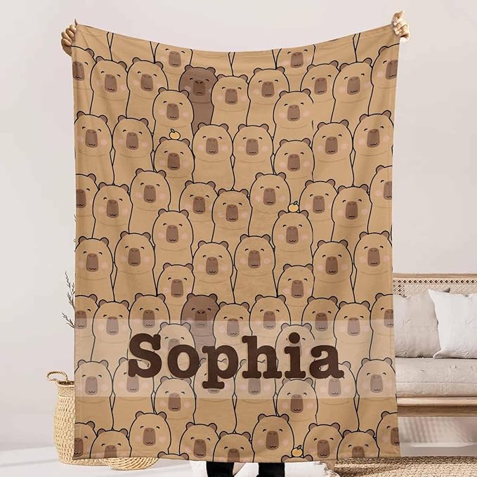 Personalized Name Blanket for Girls Boys, Ship Next Day, Cute Capybara Blankets for Baby Kids Teens, Custom Blanket with Name for Birthday, Capybara Throws for Couch Sofa Bedroom Camping Travel