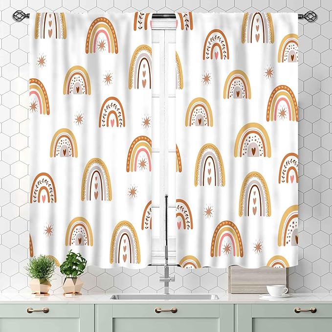 Boho Rainbow Curtains, Kids Girls Baby Cute LovelyRetro Vintage Rainbow Pastel Aesthetic Bohemian Window Curtains for Classroom Bedroom Living Room Nursery Playroom Drapery 2 Panels Set, 55x39 Inch