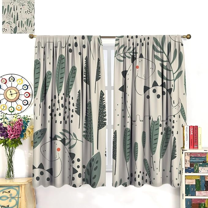 Funny Dinosaur Curtains, Jungle Cute Cartoon Animals Tropical Leaves Plant Beige Green Print Blackout Window Treatments for Kids Boys Girls Bedroom Living Room 55x63in