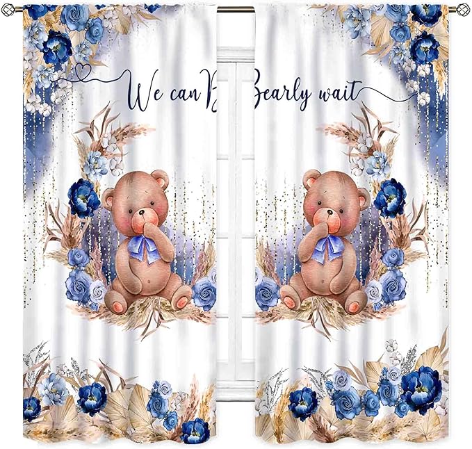 Bear Curtains for Kids Room, Baby Boys Girls Cute Lovely Bear Watercolor Floral Blue Window Drapery Treatments for Living Room Bedroom Nursey Toddler Classroom 2 Panels, 42"x54" Inch