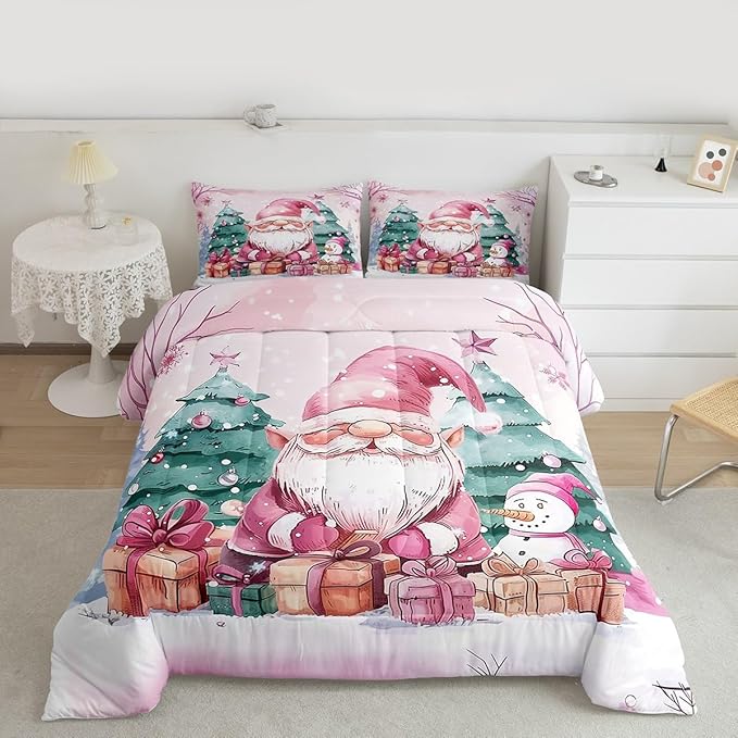 Feelyou Pink Christmas Comforter Set All Season Santa Claus Bedding Set with 2 Pillow Cases Cute Snowflake Kids Queen Bedclothes Merry Christmas Tree and Snowman Decor Duvet Quilt Soft