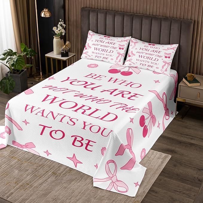 Manfei Pink Bowknot Kids Bedspread Twin Size,Cherry Tropical Fruit Cute Princess Coverlet Set,Girls Women Room Decor,Bow Tie Stars Daisy Floral Quilted Coverlet,Romantic Bedding Quilt,1 Pillowcase