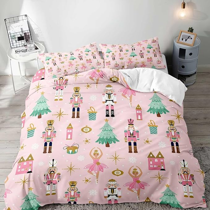 LUVIVIHOME 3PCS Christmas Nutcracker Duvet Cover King Bedding Set, Light Pink Duvet Cover, Teen Girl Bedding, Christmas Tree Snowflake Winter Holiday Xmas Gifts Kids Comforter Cover, 2 Pillow Shams