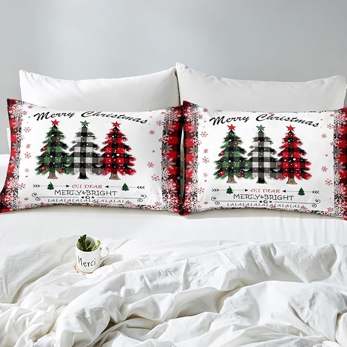 Manfei Xmas Tree Duvet Cover Set Full Size, Merry Christmas Comforter Cover with 2 Pillowcases, New Year Theme Plaid Print Bedding Set 3pcs for Kids Boys Girls Bedroom Decor,No Comforter
