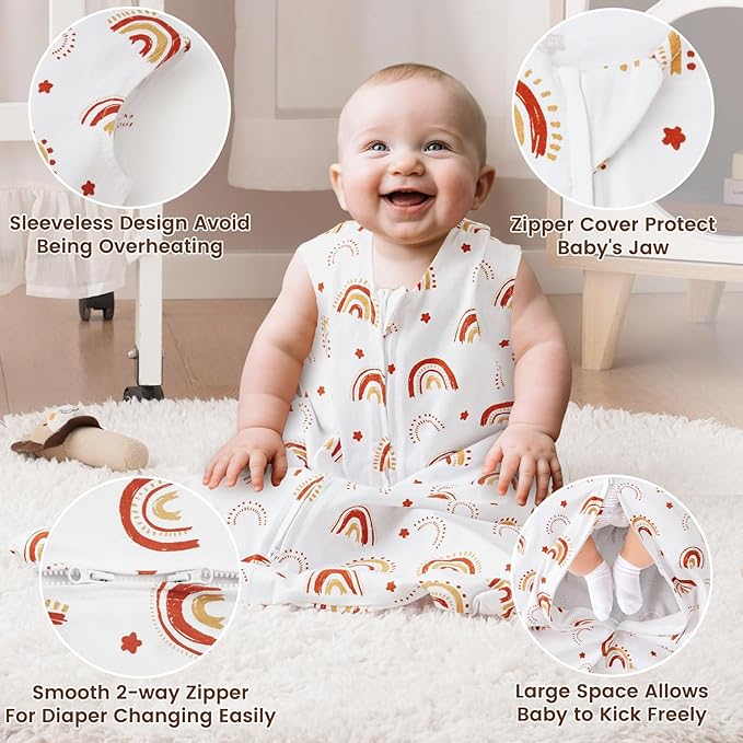 PHF Soft Baby Sleep Sack 0-6 Months 100% Organic Cotton Wearable Blanket, 2-Way Zipper 0.5 TOG Toddler Sleeping Sack 3 Pack, Comfy Sleep Bag for Baby Boys Girls, Rainbow (Small)