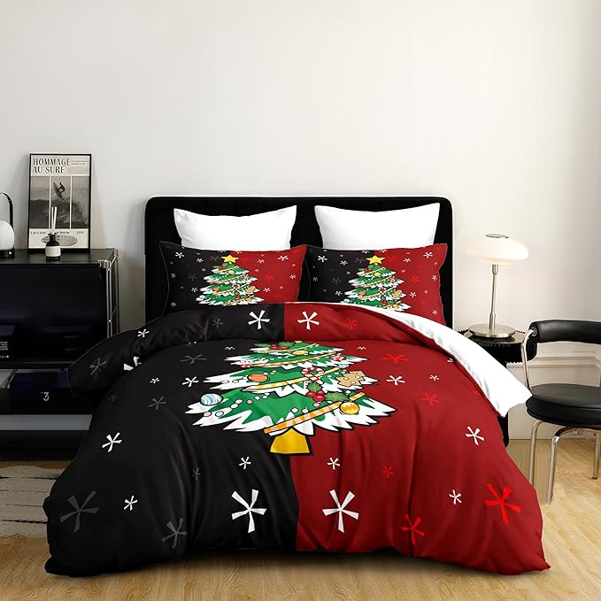 Christmas Duvet Cover Queen Size Black Red Christmas Tree Bedding Set 3 Pcs Kids Boys Girls Xmas Couple Holiday Comforter Cover with Zipper Closure