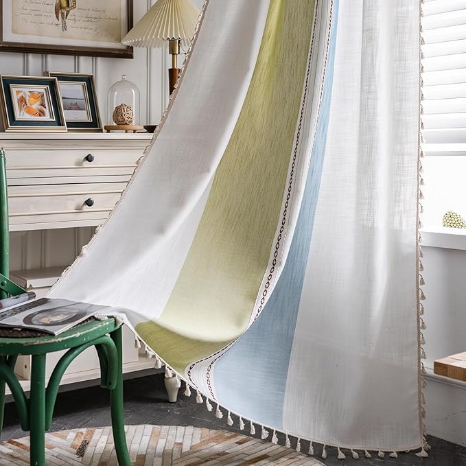 Deeprove Boho Linen Curtains 84 inch for Bedroom Living Room, Semi Blackout Textured Farmhouse Tassels Window Treatment Bohemian Embroidery Drape Rod Pocket 1 Panel 52" W x 84" L, Blue and Sage Green