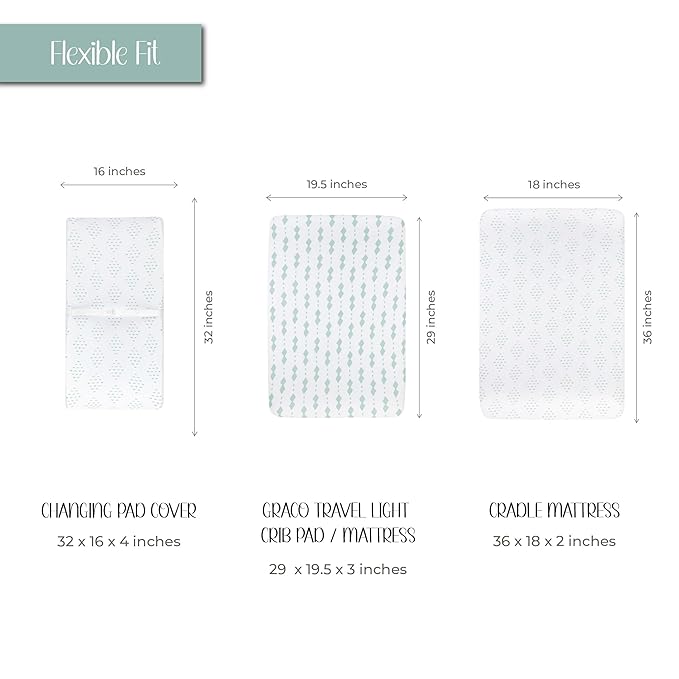 Changing Pad Cover - Cradle Sheets Fits Baby Mattress Sheet 36" X 18 - Unisex Grey Sage Diamond - 2 Pack Set