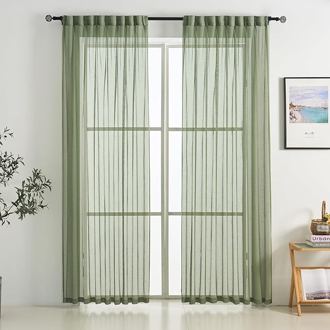 Sage Green Pinch Pleated Sheer Curtains 102 Inch Long, 50 Inches Width, Rustic Linen Look Light Filtering Drapes Decor, Thin Textured Transparent Window Curtain Panels Floor to Ceiling