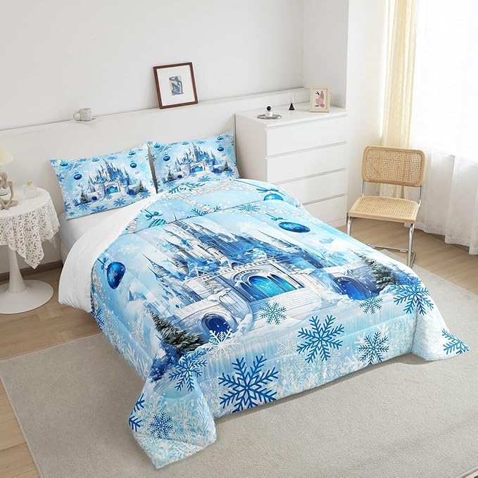 Xmas Dreamy Castle Comforter Set Toddler Size,Princess Style Blue Winter Snowflakes Bedding Set for Kids Boys Girls,Fairy Tale Theme Watercolor Christmas Quilted Set with 1 Pillowcase