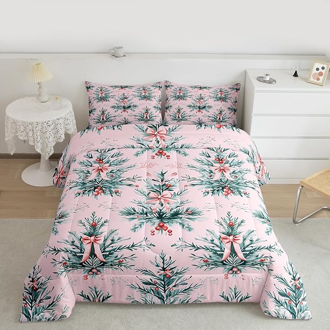 Feelyou Merry Christmas Kids Comforter Set King Size Green Xmas Tree Bedding Set Pink Bow Duvet Quilt for Kids Boys Girls Bedroom Decor Microfiber Ultra Soft Breathable