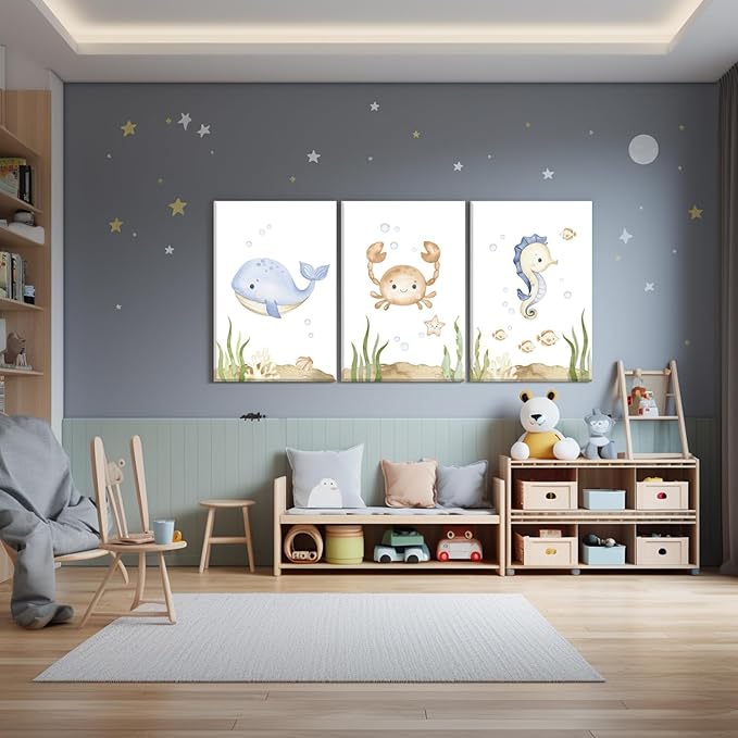 Wodkwq Ocean Nursery Decor, Set of 3 Framed Canvas Art Prints, 16x24in, Under The Sea, Boys Room, Bathroom, Bedroom