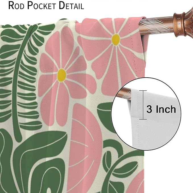 70s Flowers Curtains,Retro Geometric Boho Vintage Botanical Green Pink Flower Curtain for Bedroom Living Room Bathroom Window Curtains,70s Mid Century Flowers Window Treatments 63" W X 63" L
