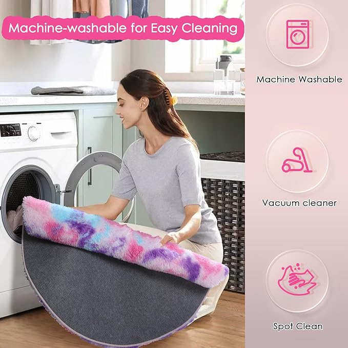 Amdrebio Hot Pink Rainbow Round Circle Area Rug 5Ft for Girls Bedroom, Fluffy Cute Fuzzy Colorful Pastel Kids Rugs for Nursery Playroom Classroom, Unicorn Shag Princess Carpet for Baby Toddler Teen