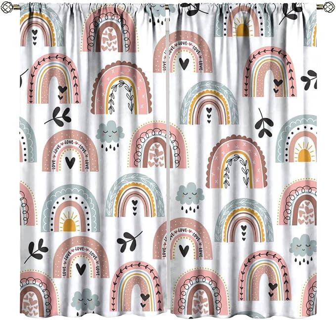 Kids Rainbow Curtains Boho Cartoon Colorful Stars Love Heart Lovely Abstract Art Pattern Print Window Drapes for Girl Bedroom Living Room Kitchen Decor,2 Panel Set,42Wx54H Inch Blackout