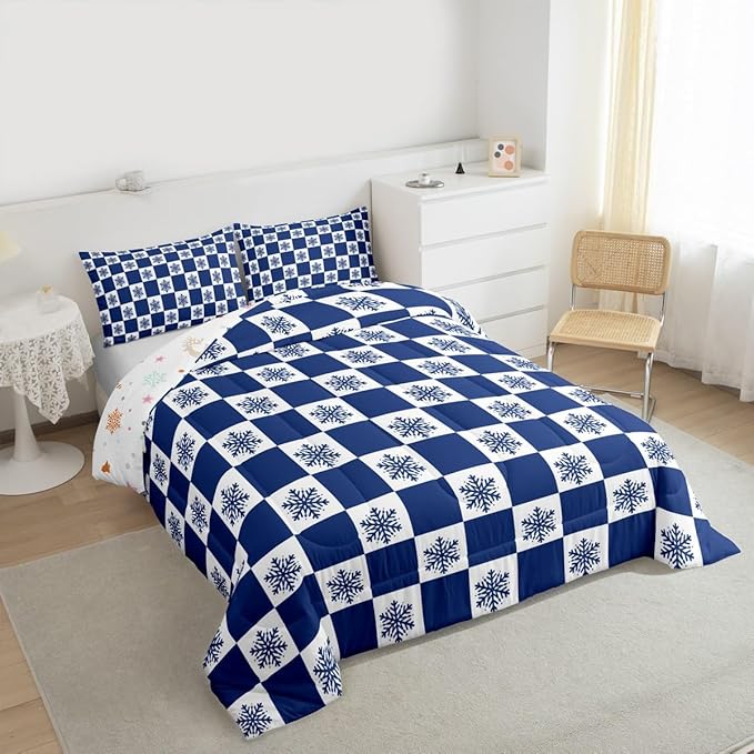 Feelyou Christmas Bedding Set Soft for Boys Girls, Checkered Comforter Set King Size Snowflake Duvet Quilt Microfiber Xmas Decorations Bedroom Decor Blue 3 Pcs with 2 Pillow Cases