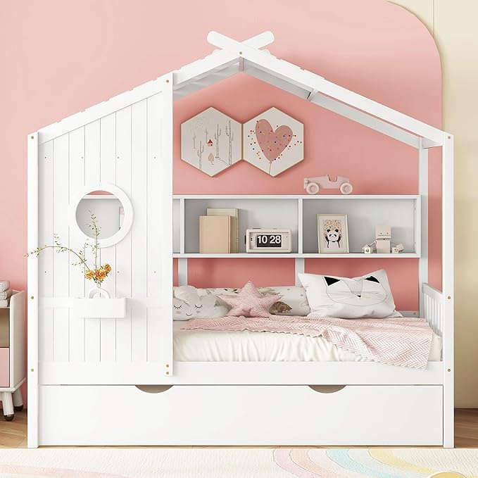 Merax Wood Multifunctional Daybed with Trundle/Storage Shelf, House Low Day Bed for Kids, Space Saving, Easy Assemble White