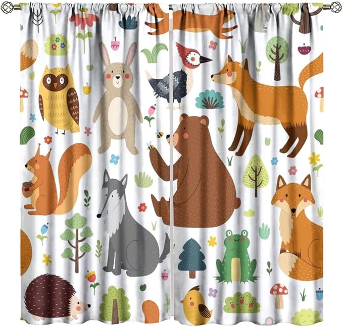 Kids Safari Animals Curtains, Baby Boy Girl Rustic Woodland Printed Cartoon Forest Window Treatments for Bedroom Living Room Nursery 2 Panels Sets, 55x63 Inch