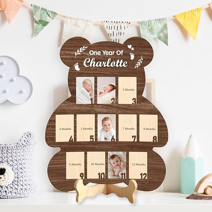 My First Year Picture Frame – One Year of Baby Photo Board with 12 Months Pictures, Wooden First Year Frame for Newborn Milestone Memories, Wall Art Nursery Décor