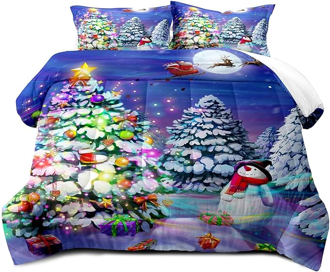 LUVIVIHOME 3PCS Christmas Comforter Set Full Size, Cute Snowman Santa Claus Kids Bedding, Winter Xmas Merry Christmas Bedroom Decor for Boys Girls Teens, Xmas Gifts, 2 Pillow Shams