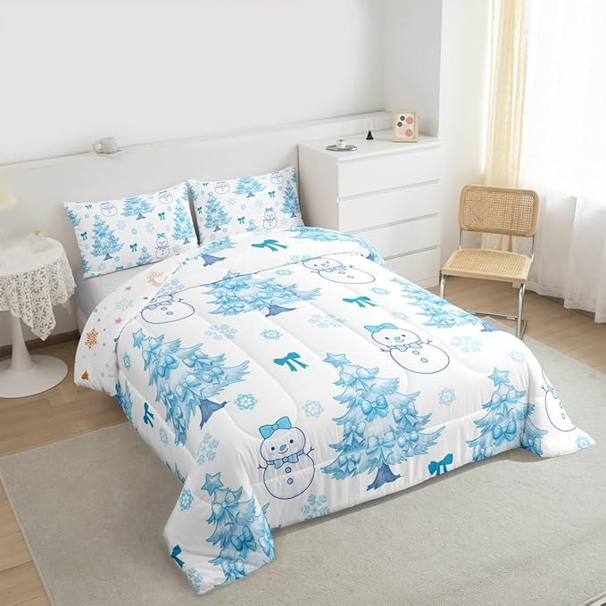 Feelyou Merry Christmas Bedding Set Soft for Boys Girls, Cute Snowman Comforter Set Twin Size Cartoon Bowknot Duvet Quilt Microfiber Christmas Tree 2 Pcs with 1 Pillow Cases