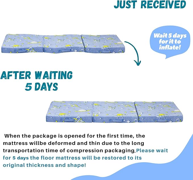 MeMoreCool Foldable Floor Mattress for Kids, Glow Toddlers Trifold Nap Mat, Kids Folding Mattress Portable Sleeping Futon for Daycare or Floor Bed, 57x22 Inch Blue