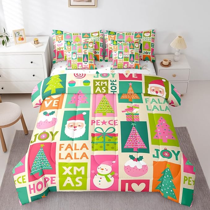 Feelyou Christmas Bed Set Snowman Christmas Tree Print Kawaii Comforter Set with Sheets Xmas Santa Claus Bed in a Bag for Kids Girls New Year Theme Bedding Set Bedroom Collection Queen Size