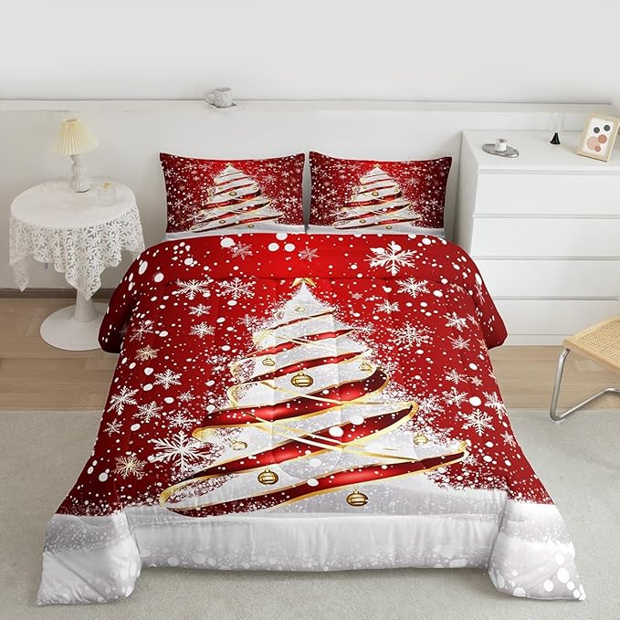 Feelyou Merry Christmas Comforter Set Twin Size Christmas Tree Bedding Set for Kids Boys Girls Snowflake Duvet Quilt Winter Bedroom Decor Microfiber 2 Pcs with 1 Pillow Cases