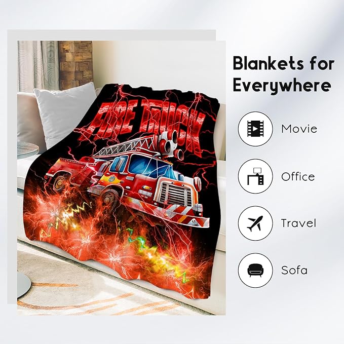 Kids Blanket Fire Truck Gifts for Toddler Boys, 50"x60" Fleece Soft Cozy Car Theme Throw for Couch Bed