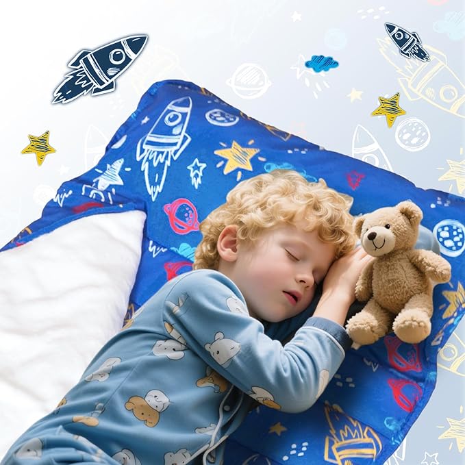 Toddler Nap Mat with Removable Pillow and Blanket, Cot Nap Mats for Daycare Preschool Kindergarten, Roll Up Lightweight Portable Travel Sleeping Bag, Blue Space