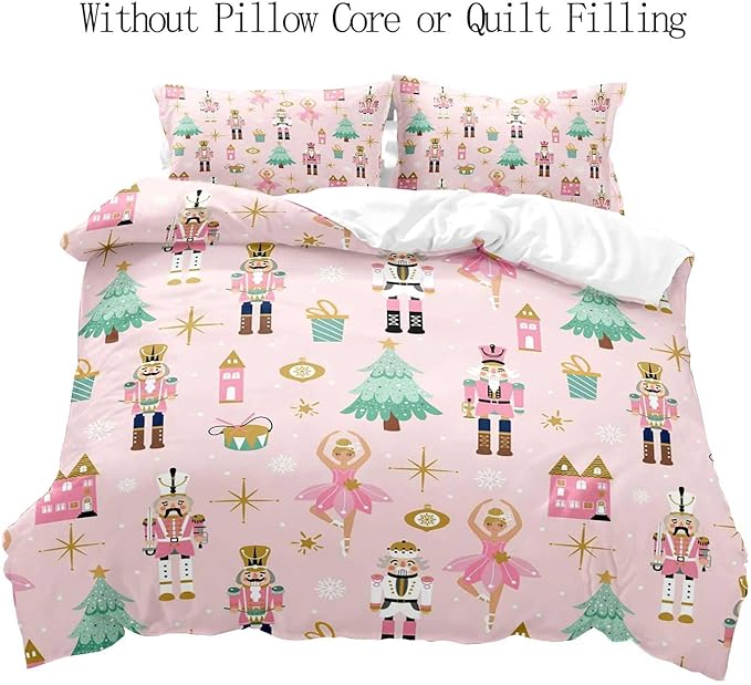 LUVIVIHOME 3PCS Christmas Nutcracker Duvet Cover Full Bedding Set, Light Pink Duvet Cover, Teen Girl Bedding, Christmas Tree Snowflake Winter Holiday Xmas Gifts Kids Comforter Cover, 2 Pillow Shams