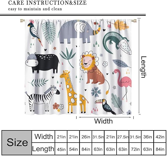 YCness Cartoon Forest Animals Curtains, Woodland Woodland Wild Giraffe Zebra Lion Hippopotamus Window Treatments for Kids Bedroom Living Room Home Nursery Drapes, 72x63 Inch