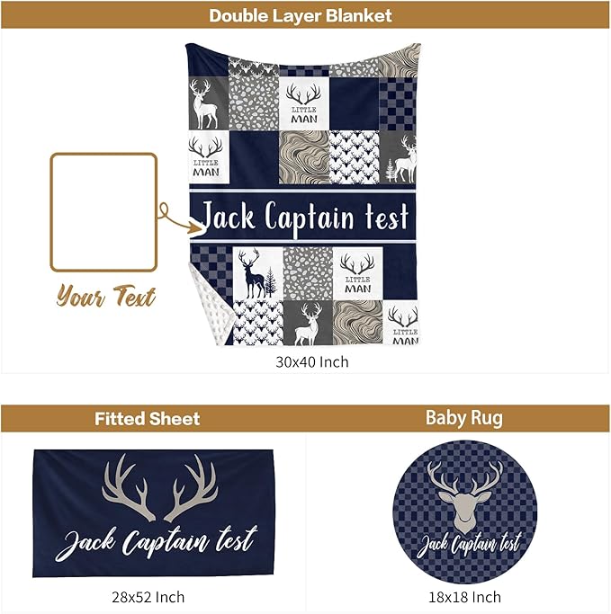 Custom Baby Crib Bedding Set, 3 Pcs Personalized Nursery Bedding Set with Name, Soft Baby Bedding Crib Set with Blanket - Toddler Crib Sets for Girl Boy, Infant Newborn Gift, Blue Woodland Deer