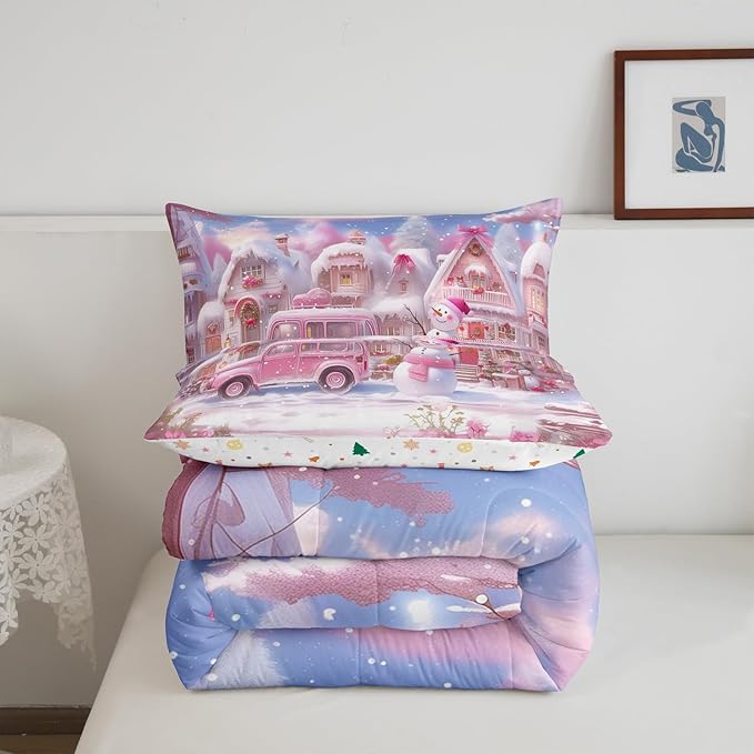 Manfei Christmas Comforter Set Twin Size, Pink Truck Flower Snowman Bedding Set for Kids Girls Room Decor, New Year Theme Down Comforter, Lightweight Duvet Insert, 1 Pillowcase