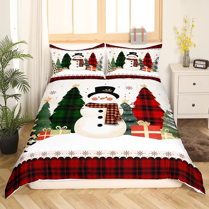 Manfei Snowman Duvet Cover Set King Size, Xmas Leopard Plaid Trees Snowflake Comforter Cover with 2 Pillowcases, Christmas Theme Bedding Set 3pcs for Kids Girl New Year Bedspread Cover,No Comforter