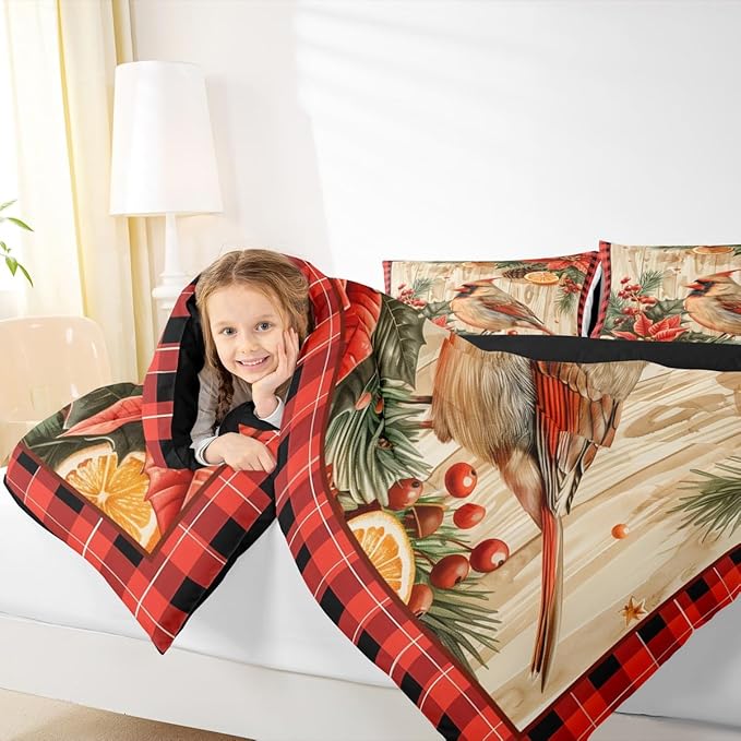 jejeloiu Kids Red Cardinal Comforter Set Toddler Christmas Red Black Plaid Flower Bedding Set for Boys Girls Teens Xmas Birds Animal Lemon Winter Wood Plank Duvet Quilt Room Decor