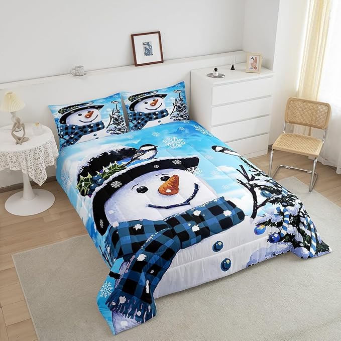 Feelyou Kids Christmas Theme Decorations Bedding Set Xmas Snowman Comforter Set for Boys Girls Cute Comforter Blue Bedroom Collection Queen Size